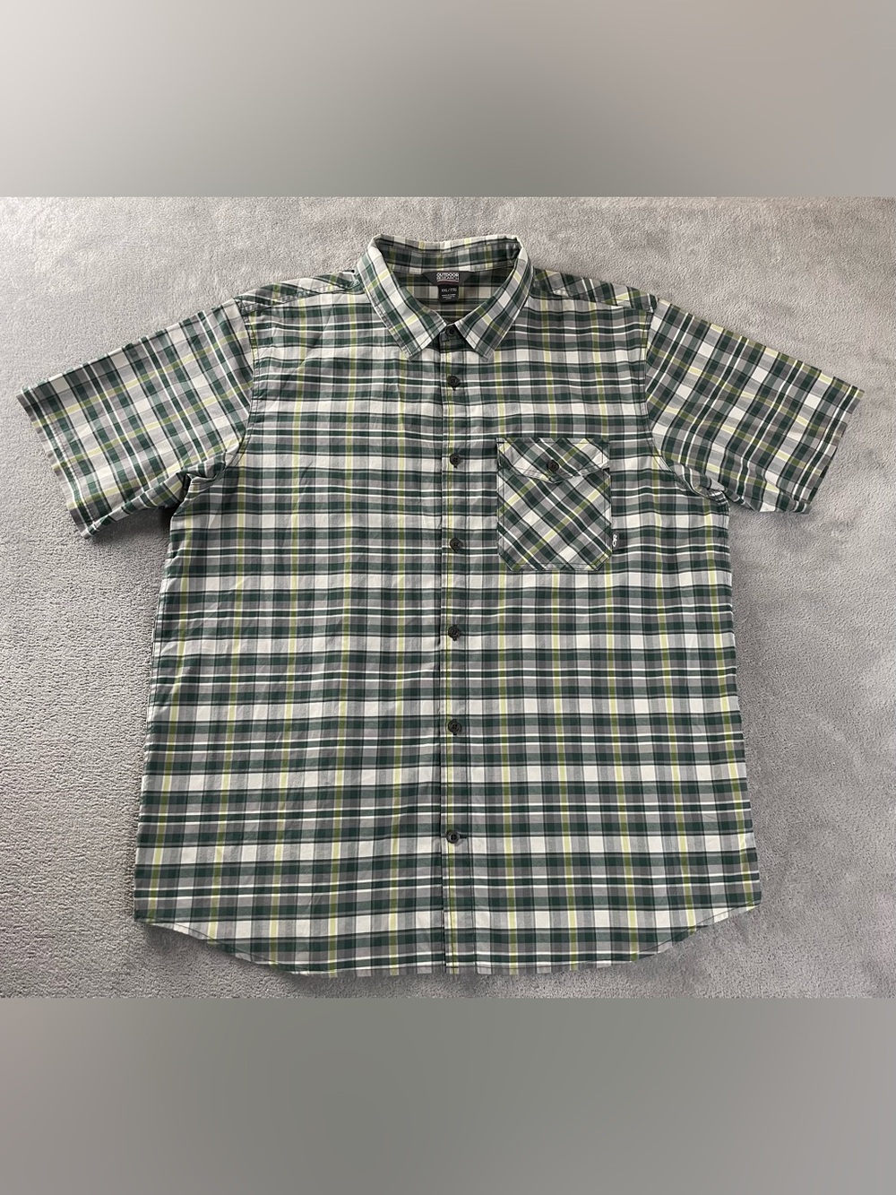 Outdoor Research Button Down Mens 2XL Short Sleeve Plaid Shirt Gray Forest Green